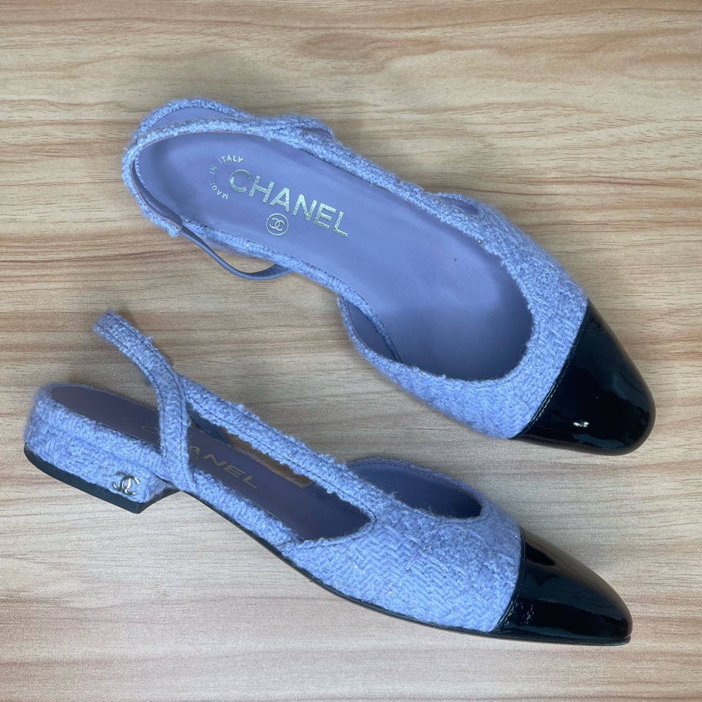RARE Chanel Boucle Purple and Patent Leather Flat Slingbacks 37.5 - Picture 10 of 11